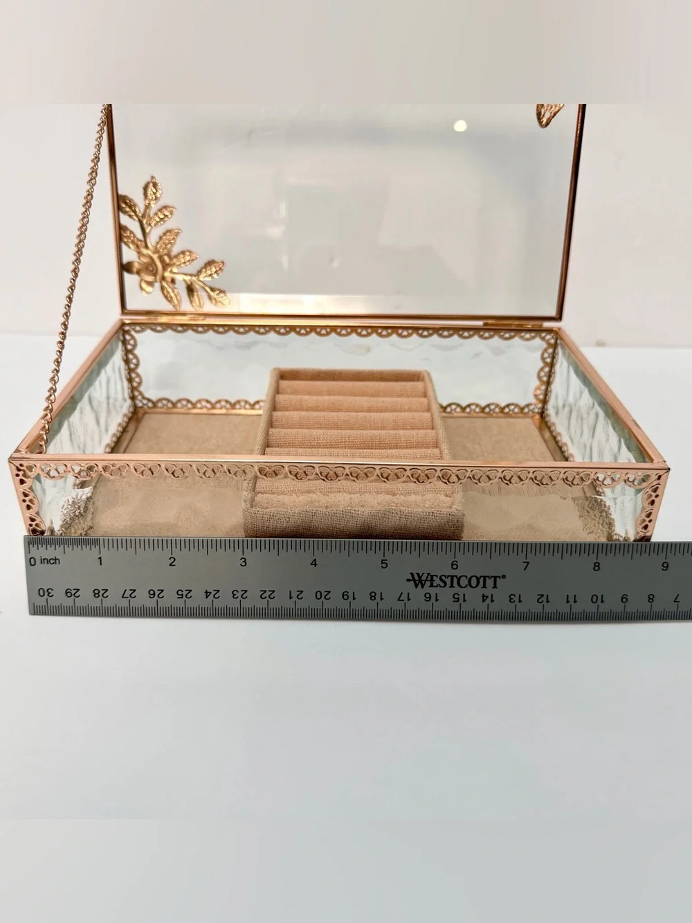 Rose Gold Glass Jewelry Box Butterfly Floral Design Ring Organizer Display Case